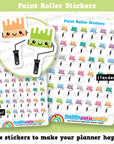 The image is a collage of various colorful paint roller stickers, with a focus on the ones that depict paint rollers. The stickers are arranged in a playful and cheerful manner, with the text "Paint Roller Stickers" and "standard!" indicating that these stickers are designed for use in planners or planners. The phrase "cute stickers to make your planner happy!" suggests that these stickers can be used to add a touch of fun and creativity to one's planner.