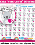 30 Cute Koko the Koala 'Need Coffee' Planner Stickers