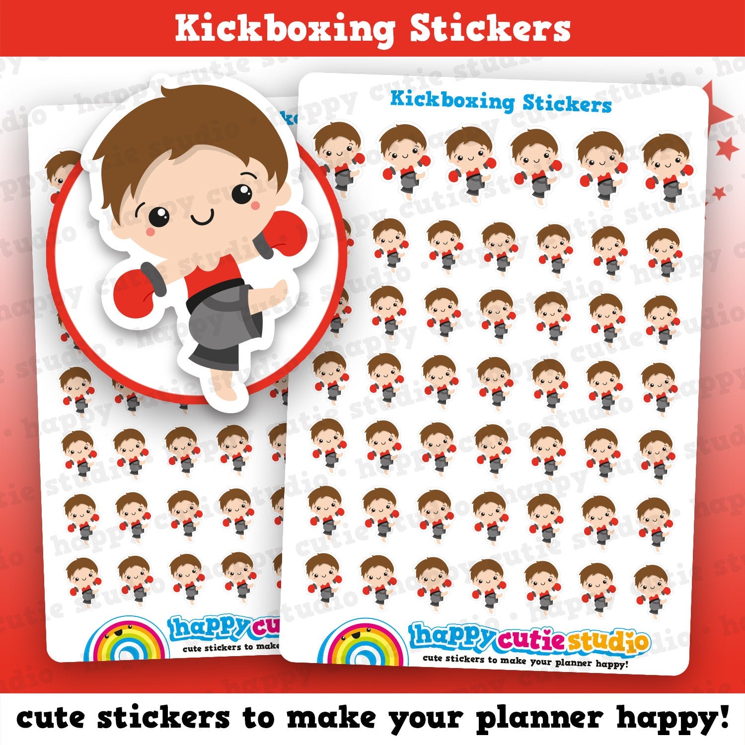 48 Cute Mini HCS Boys Kickboxing Planner Stickers
