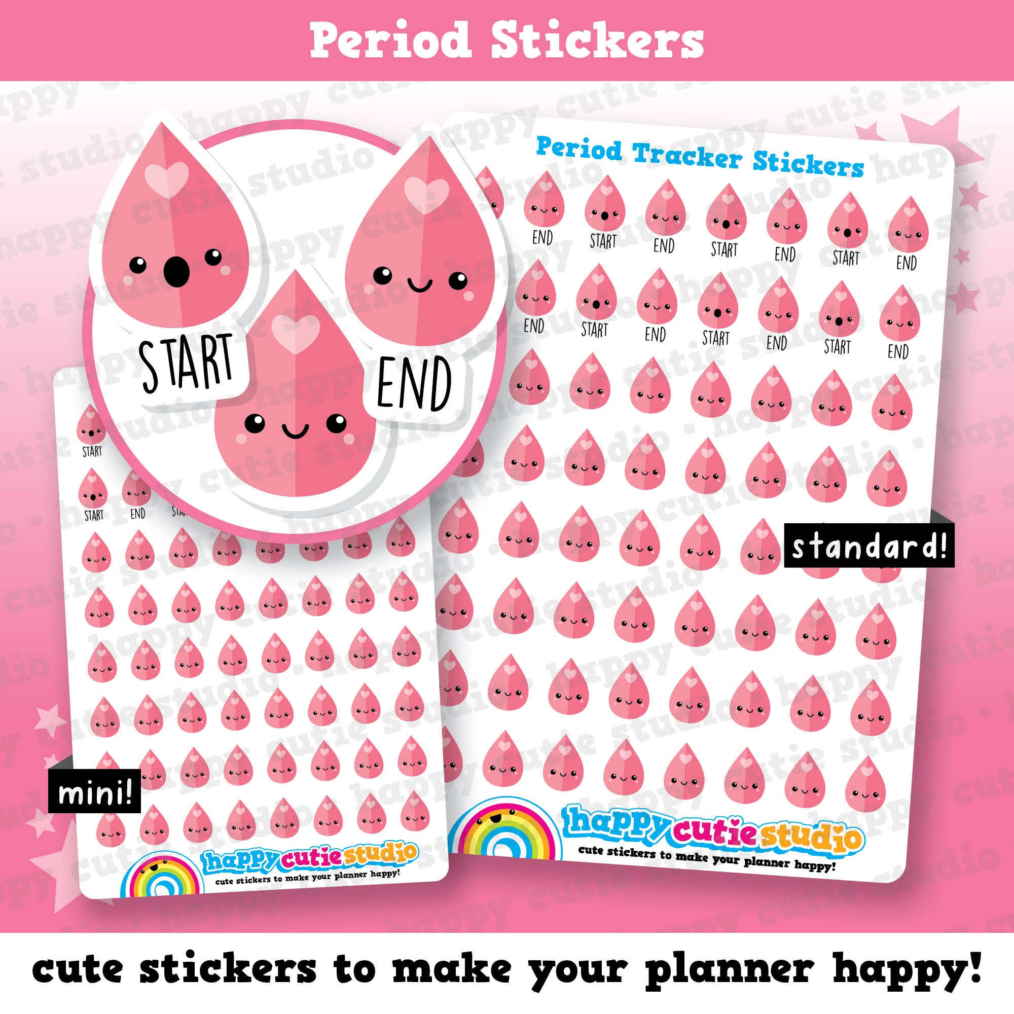 a pink sticker sheet with the words, stickers to make your planner happy