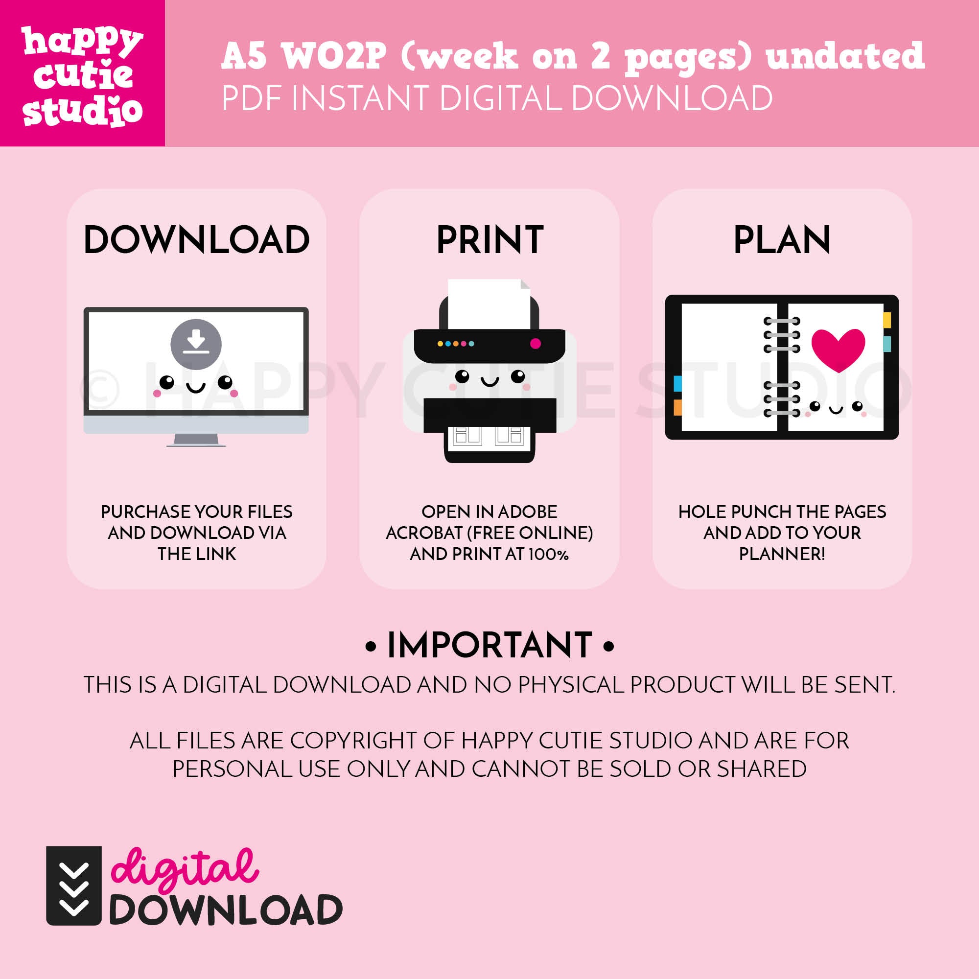 DIGITAL DOWNLOAD - WO2P - Design No. 1 - Undated Weekly A5 Printable Planner Inserts / WO2P / Week On 2 Pages / PDF