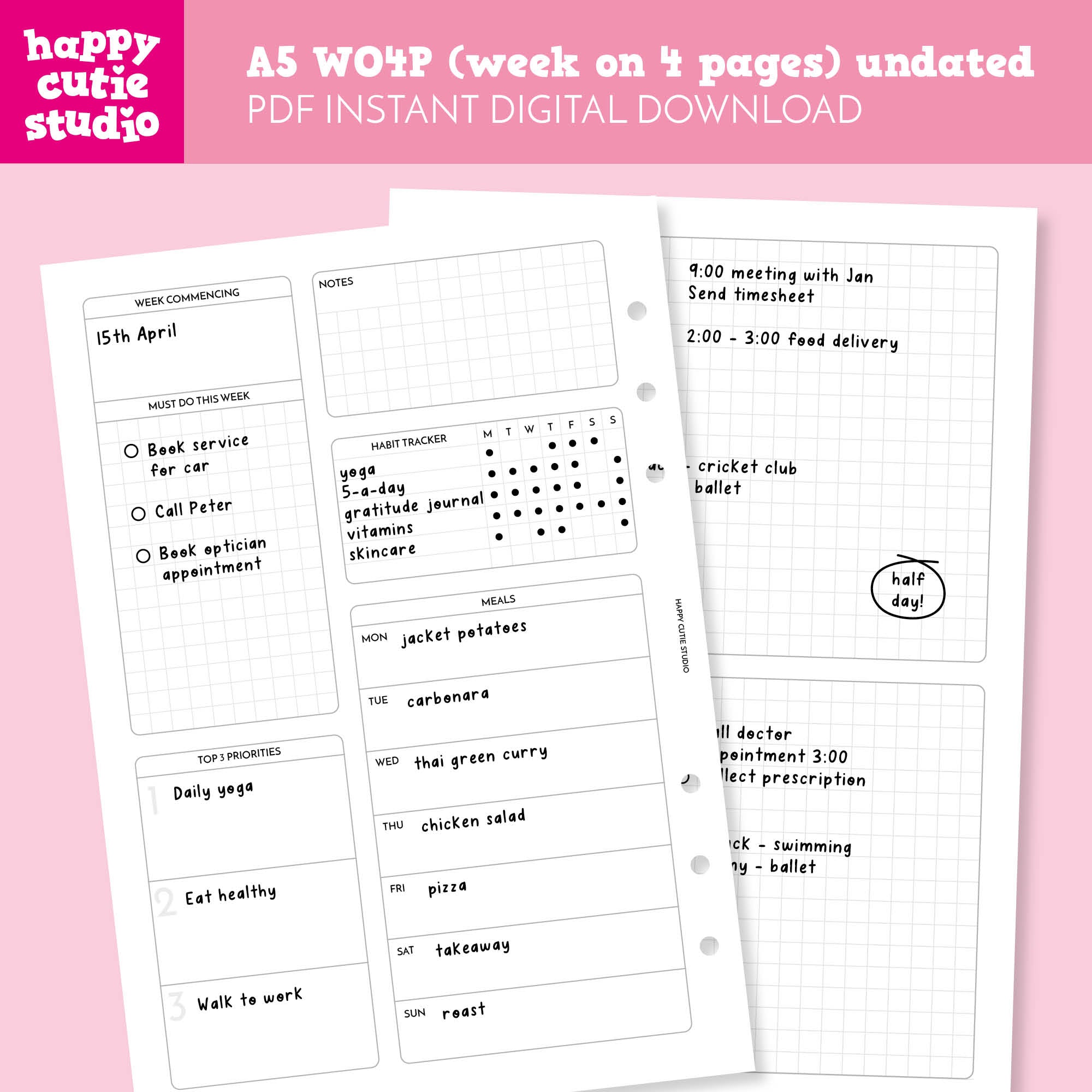 DIGITAL DOWNLOAD - WO4P - Design No. 1 - Undated Weekly A5 Printable Planner Inserts / WO4P / Week On 4 Pages / PDF