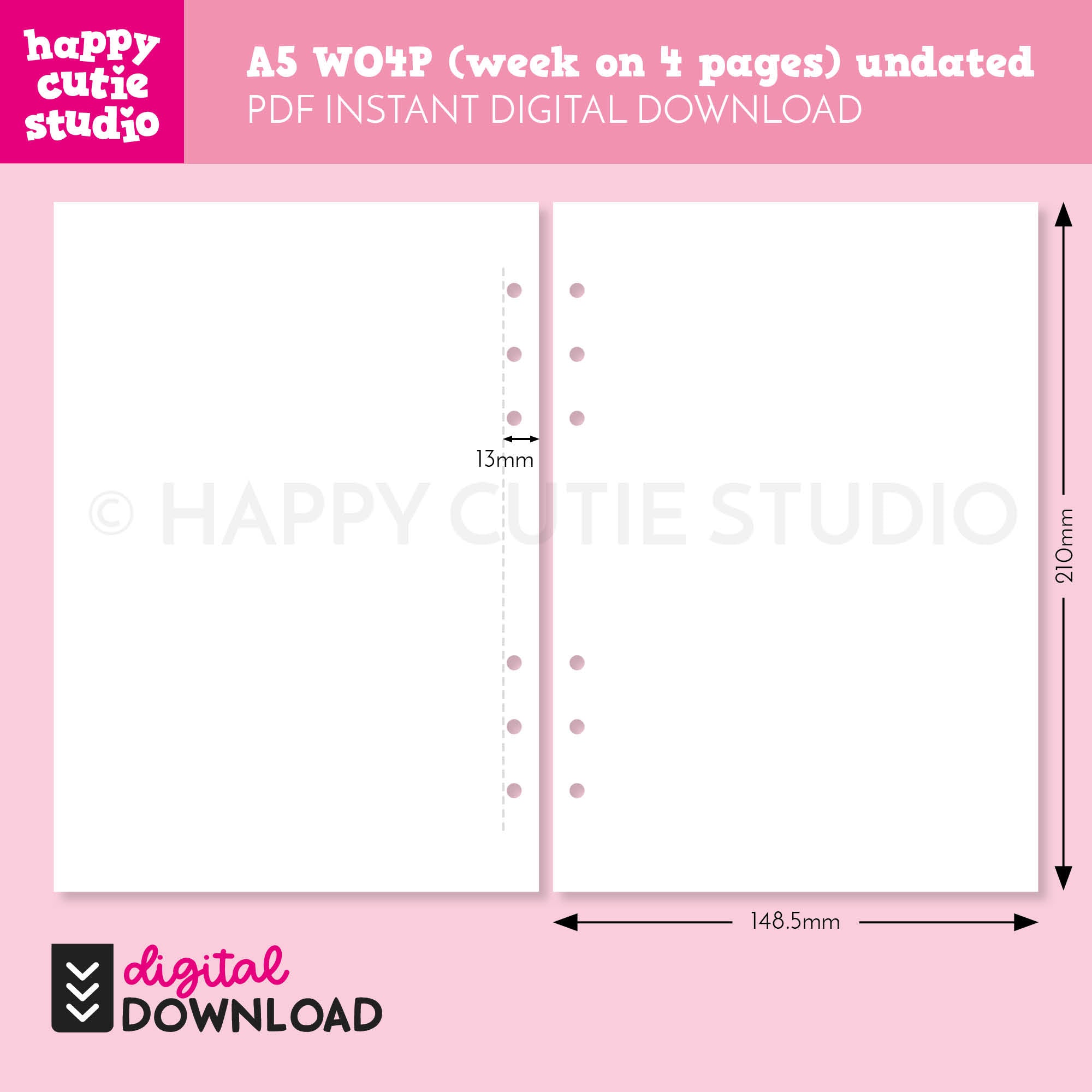 DIGITAL DOWNLOAD - WO4P - Design No. 1 - Undated Weekly A5 Printable Planner Inserts / WO4P / Week On 4 Pages / PDF