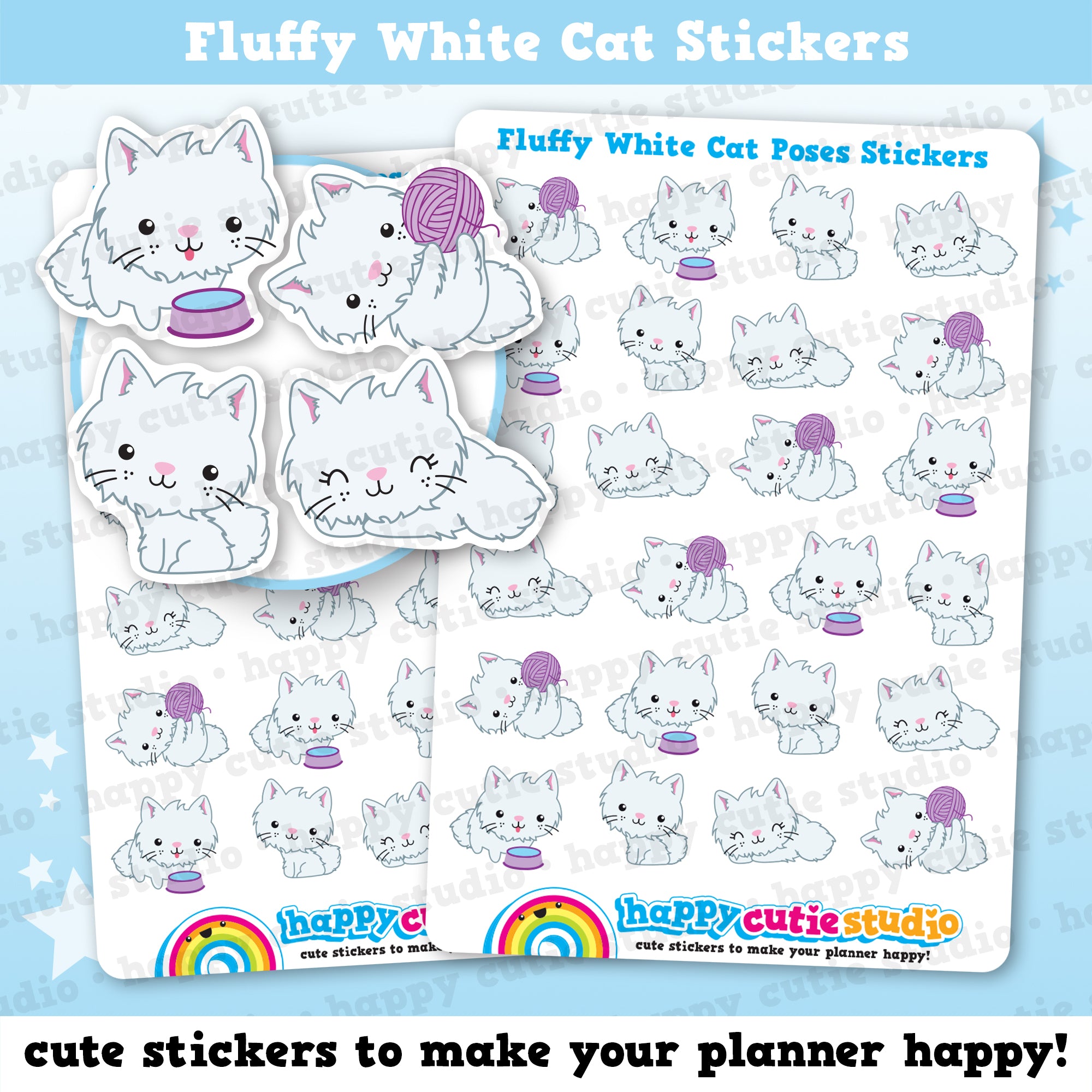 24 Cute Fluffy White Cat Poses/Kitty/Pet Planner Stickers