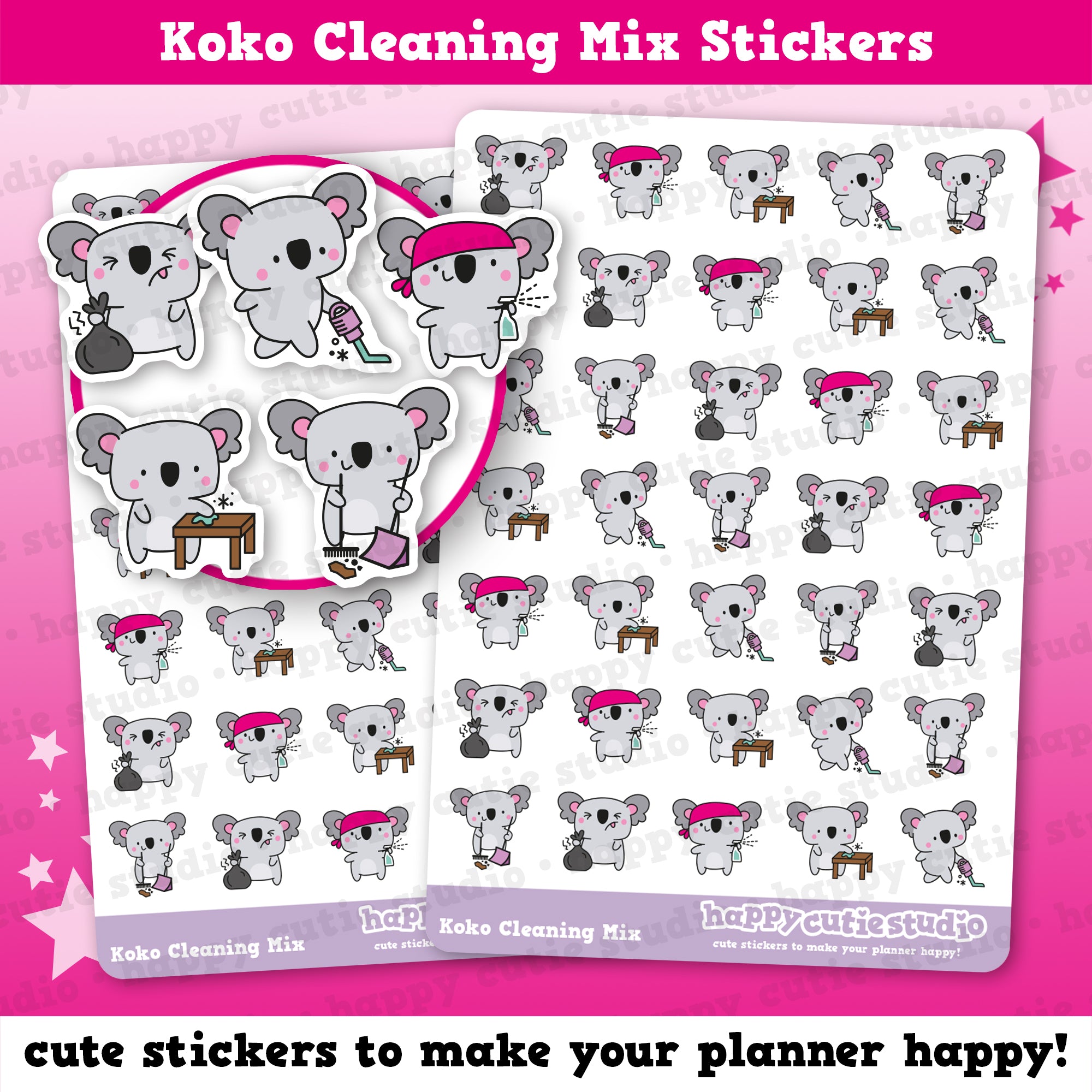 35 Cute Koko the Koala Cleaning Mix Planner Stickers