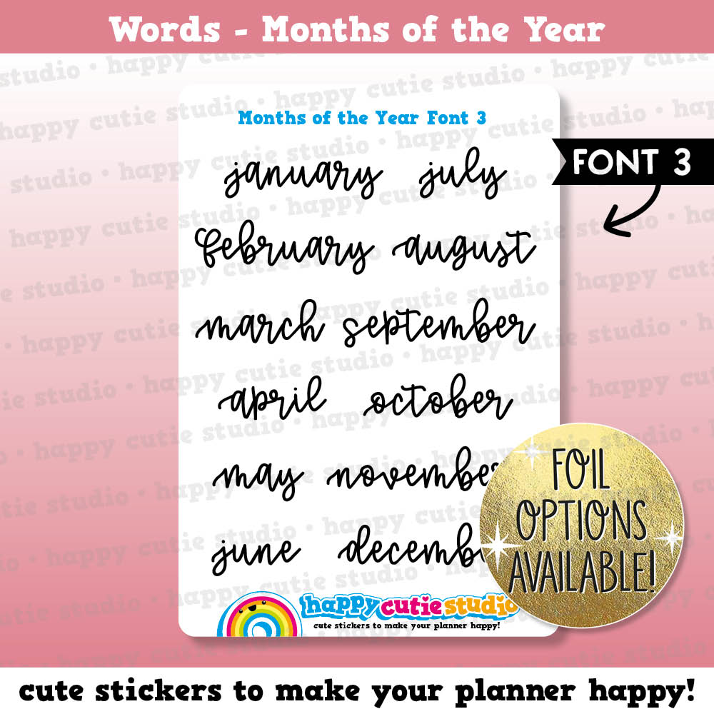 Months of the Year FONT 3 Functional/Foil Planner Stickers