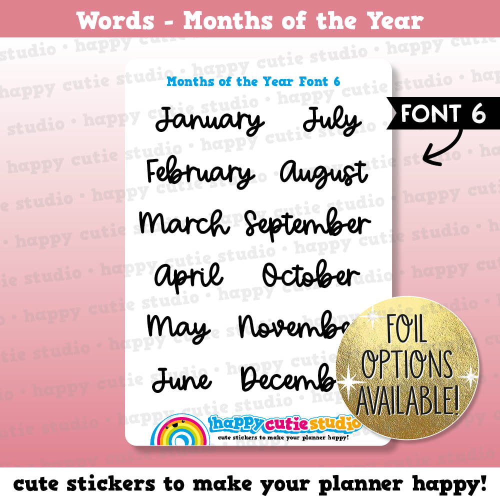 Months of the Year FONT 6 Functional/Foil Planner Stickers