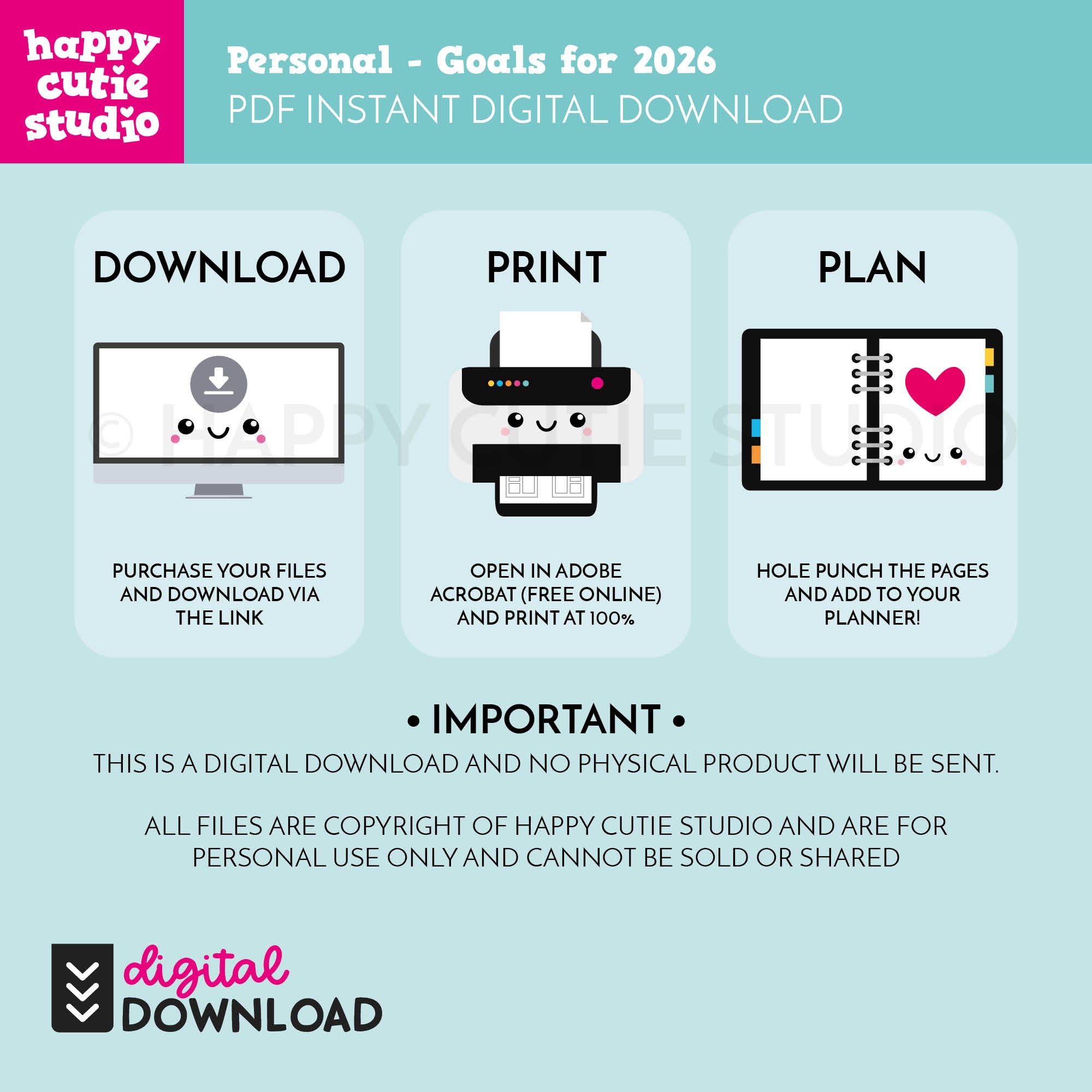 DIGITAL DOWNLOAD - 2026 Goals Personal Printable Planner Inserts - PDF