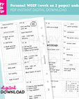 DIGITAL DOWNLOAD - WO2P - Design No. 1 - Undated Weekly Personal Printable Planner Inserts / WO2P / Week On 2 Pages / PDF