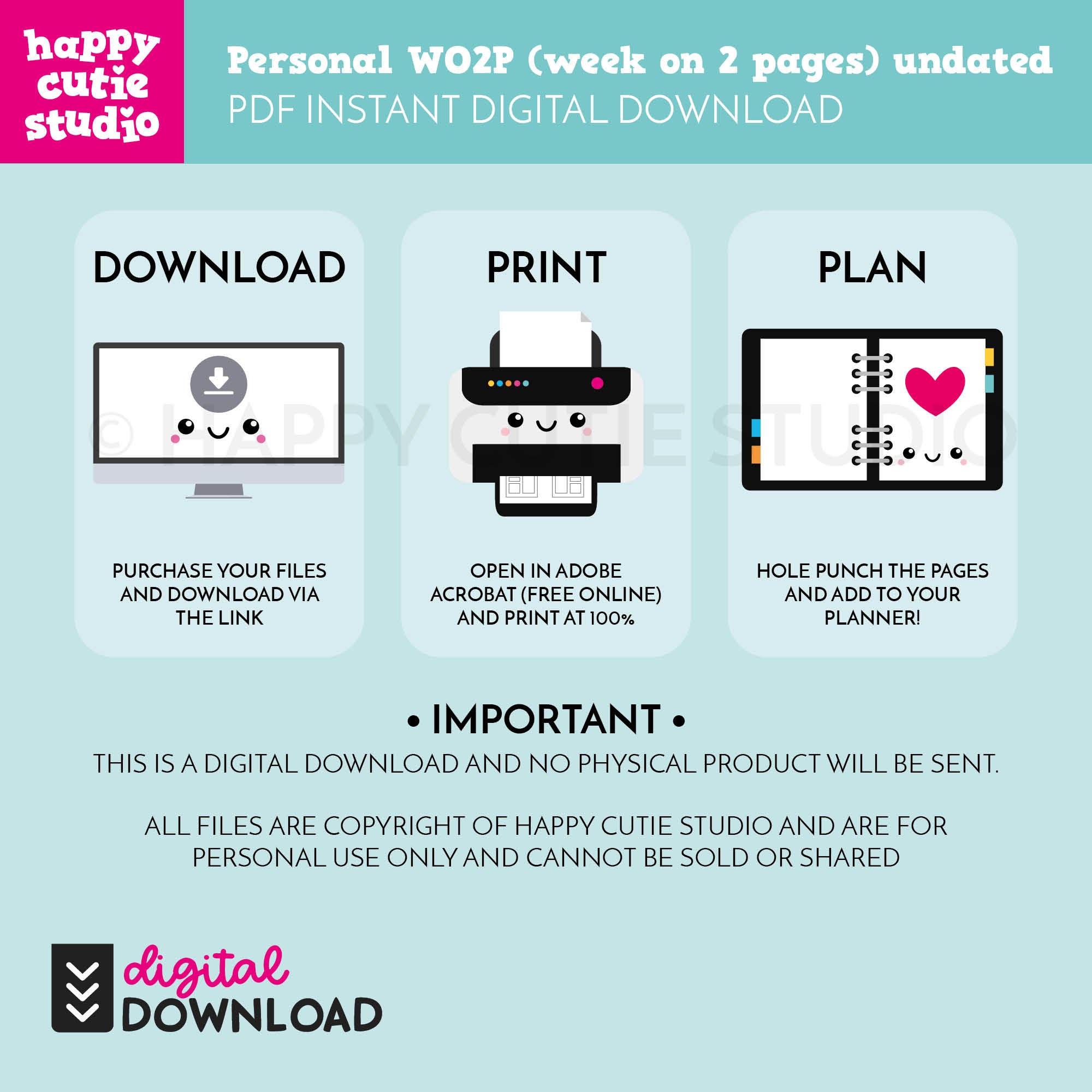 DIGITAL DOWNLOAD - WO2P - Design No. 1 - Undated Weekly Personal Printable Planner Inserts / WO2P / Week On 2 Pages / PDF