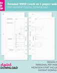 DIGITAL DOWNLOAD - WO4P - Design No. 1 - Undated Weekly Personal Printable Planner Inserts / WO4P / Week On 4 Pages / PDF