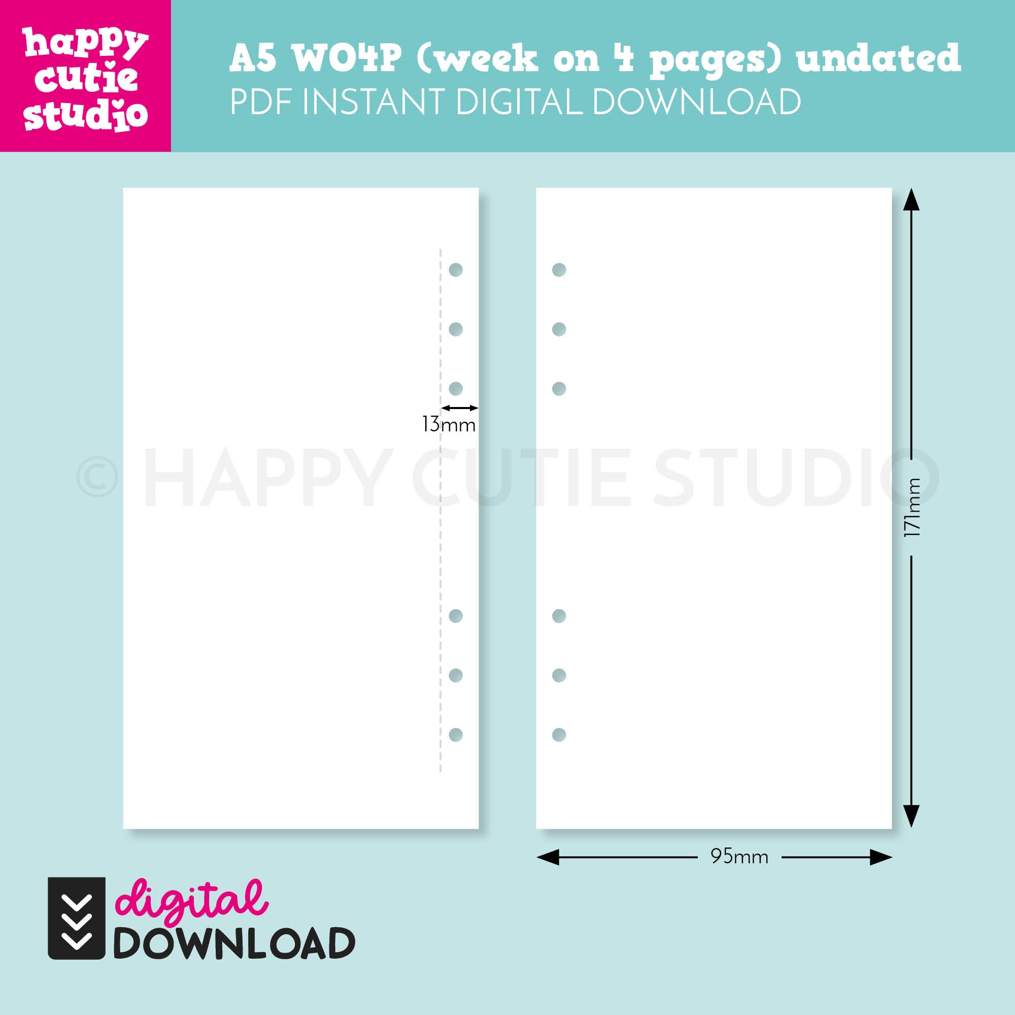 DIGITAL DOWNLOAD - WO4P - Design No. 1 - Undated Weekly Personal Printable Planner Inserts / WO4P / Week On 4 Pages / PDF