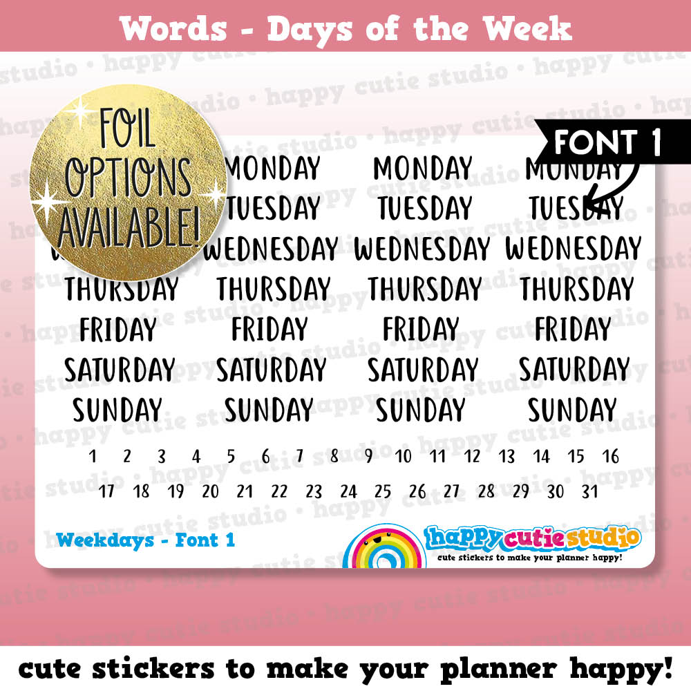 Weekdays FONT 1/Date Dots/Date Cover/Functional/Foil Planner Stickers