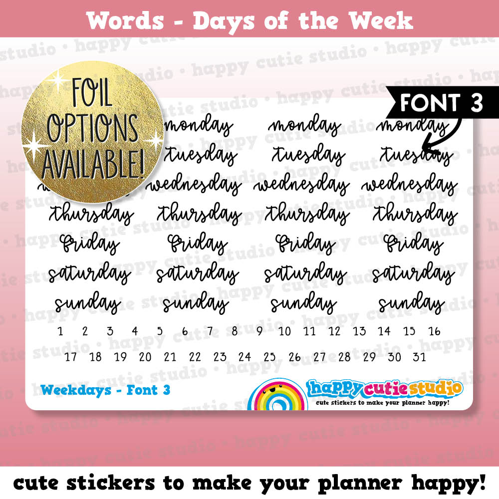 Weekdays FONT 3/Date Dots/Date Cover/Functional/Foil Planner Stickers