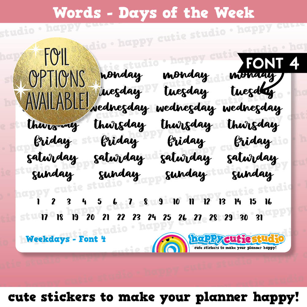 Weekdays FONT 4/Date Dots/Date Cover/Functional/Foil Planner Stickers
