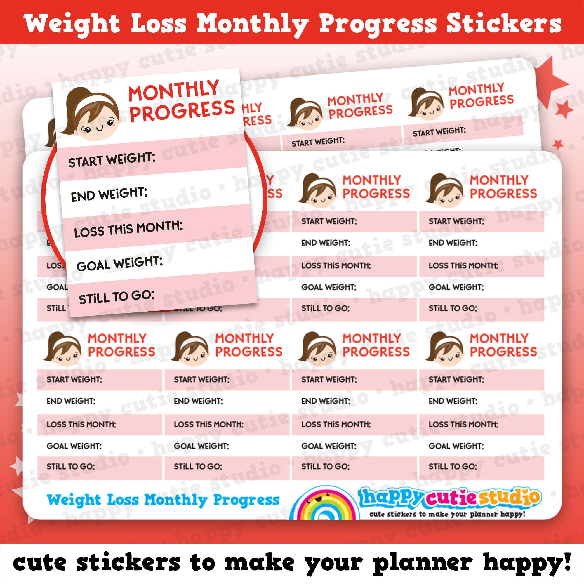 8 Cute Full Box Month Weight Loss Measurement/Diet/Health Planner Stickers