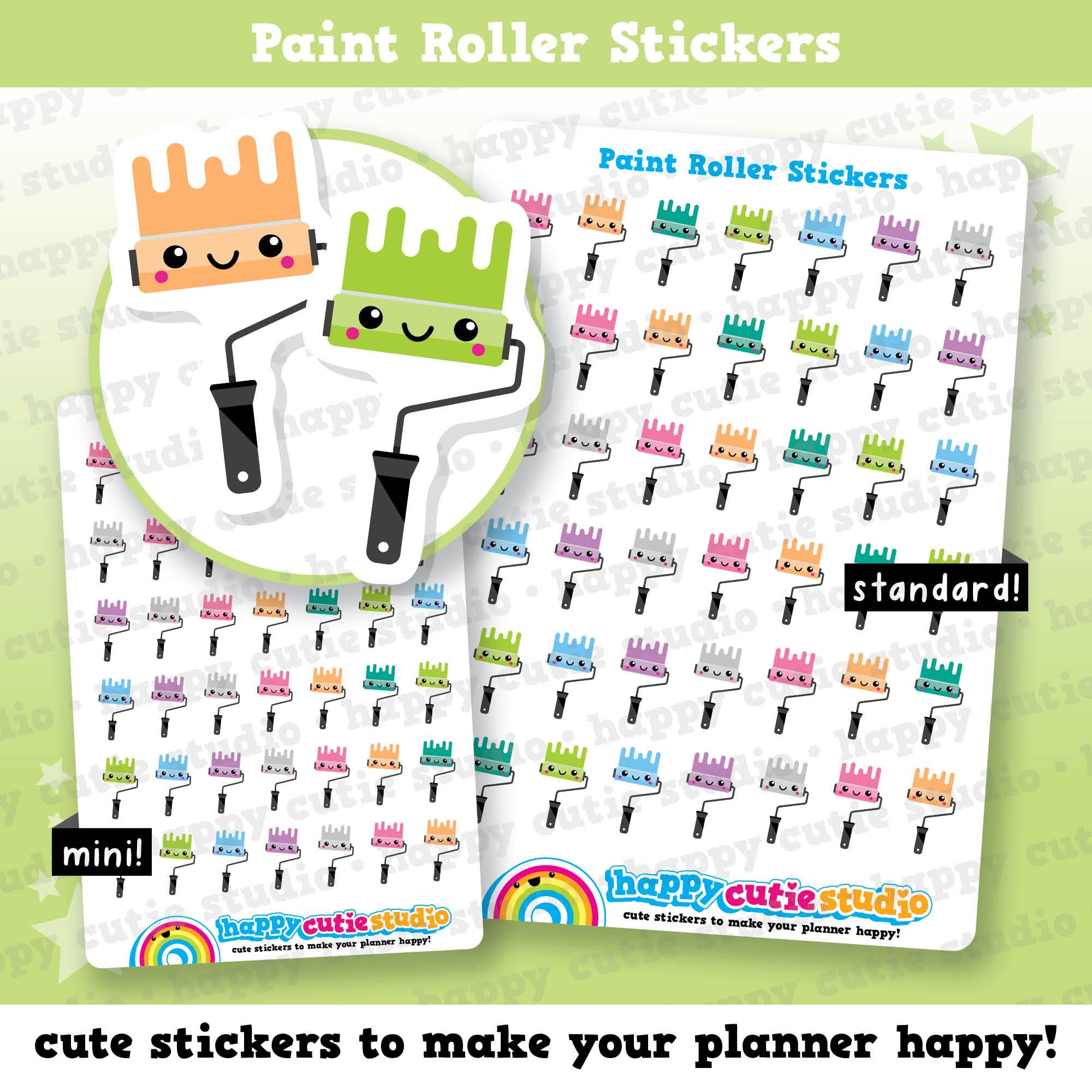 The image is a collage of various colorful paint roller stickers, with a focus on the ones that depict paint rollers. The stickers are arranged in a playful and cheerful manner, with the text "Paint Roller Stickers" and "standard!" indicating that these stickers are designed for use in planners or planners. The phrase "cute stickers to make your planner happy!" suggests that these stickers can be used to add a touch of fun and creativity to one's planner.