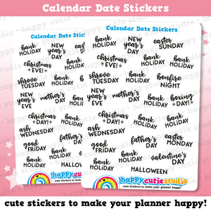 24 Cute Calendar Events/Holidays/Calendar/Bank Holidays Planner Stickers