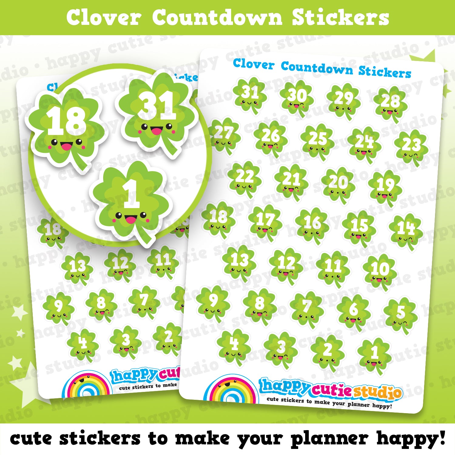 31 Cute Four Leaf Clover Countdown/Date Cover Planner Stickers