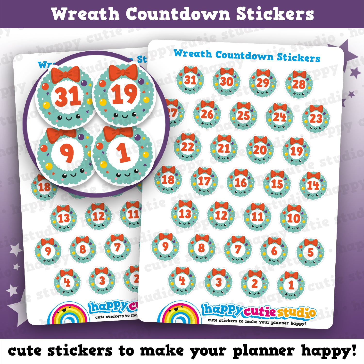 31 Cute Christmas Wreath Countdown/Date Cover Planner Stickers