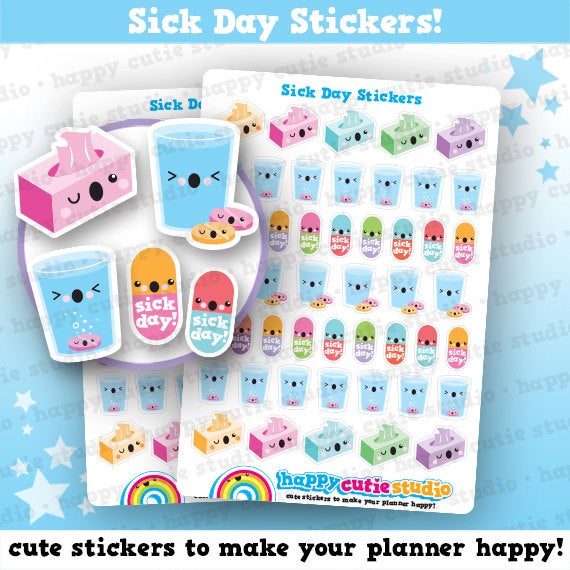 48 Cute Sick Day/Ill/Unwell/Pill/Medicine Planner Stickers