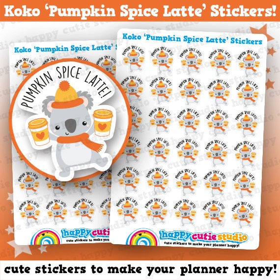 30 Cute Koko the Koala 'Pumpkin Spice Latte' Planner Stickers