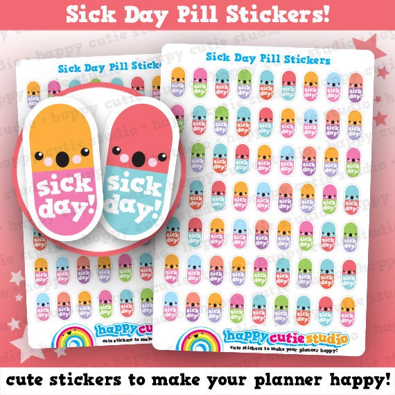 63 Cute Sick Day Pills/Ill/Unwell/Pill/Medicine Planner Stickers
