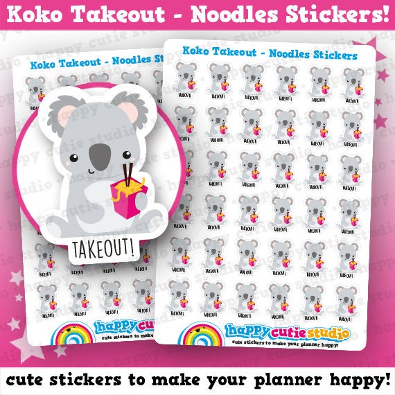 36 Cute Koko the Koala Takeout - Noodles Planner Stickers