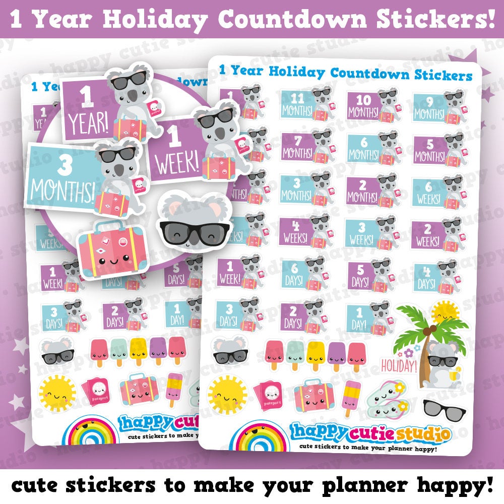 32 Cute Holiday/Vacation/Yearly Countdown Planner Stickers