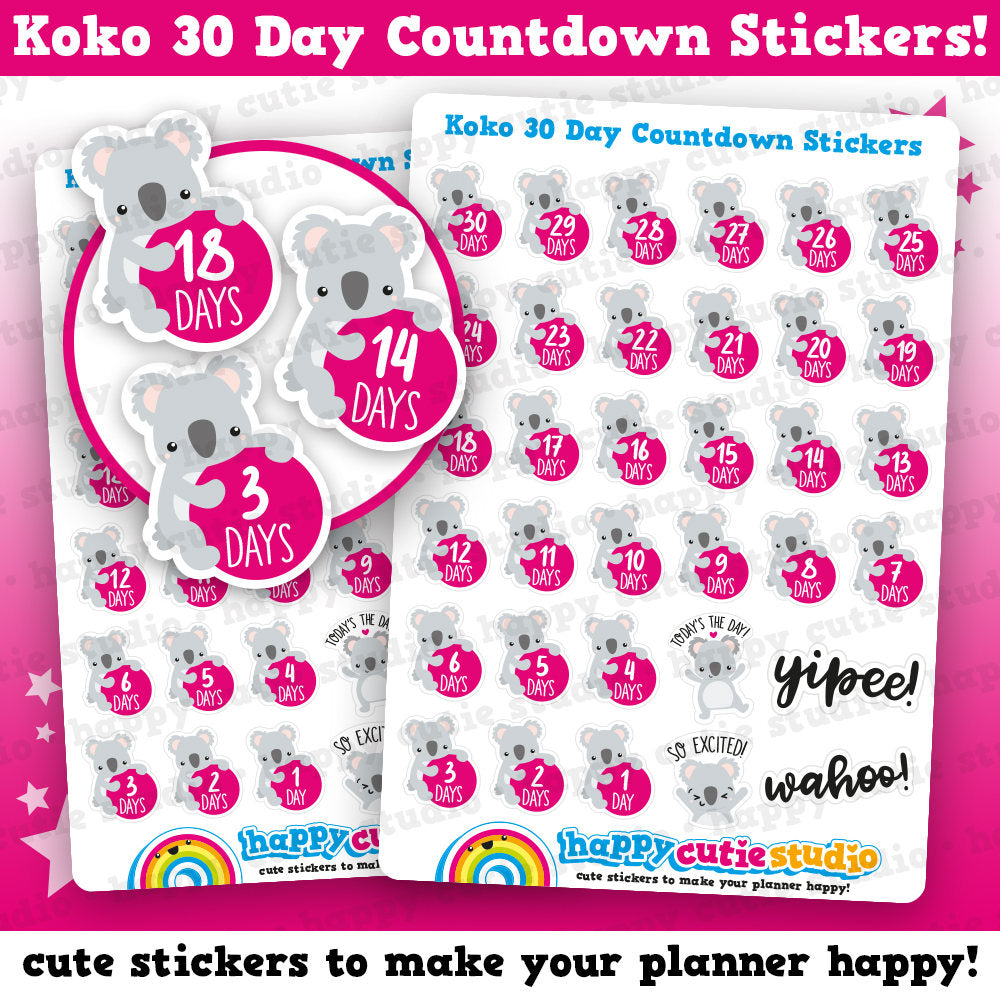 34 Cute Koko The Koala 30 Day Countdown/Monthly Planner Stickers