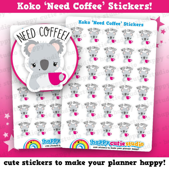 30 Cute Koko the Koala 'Need Coffee' Planner Stickers