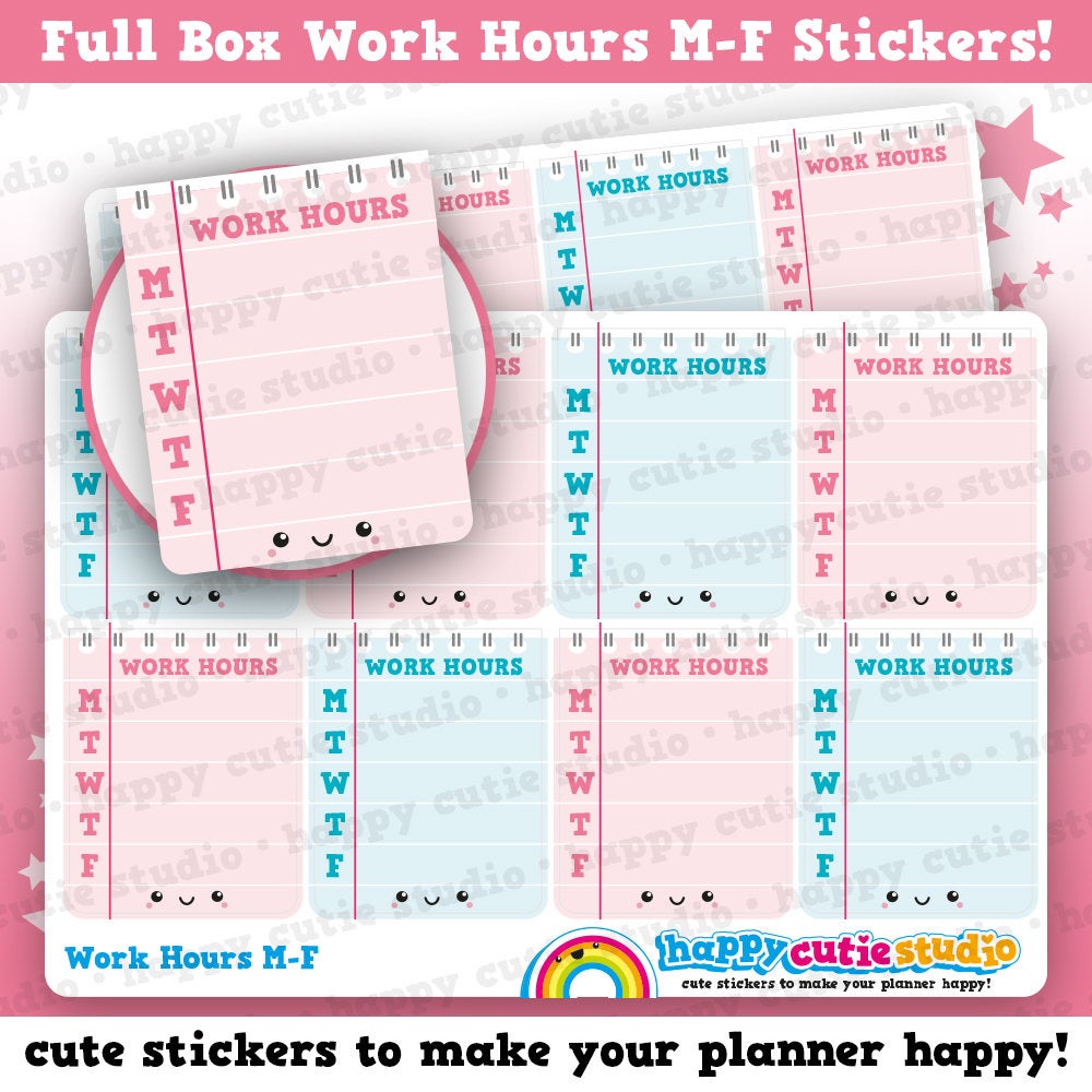 8 Cute Full Box Work Hours M-F Tracker/Shift/Work/Practical Planner Stickers