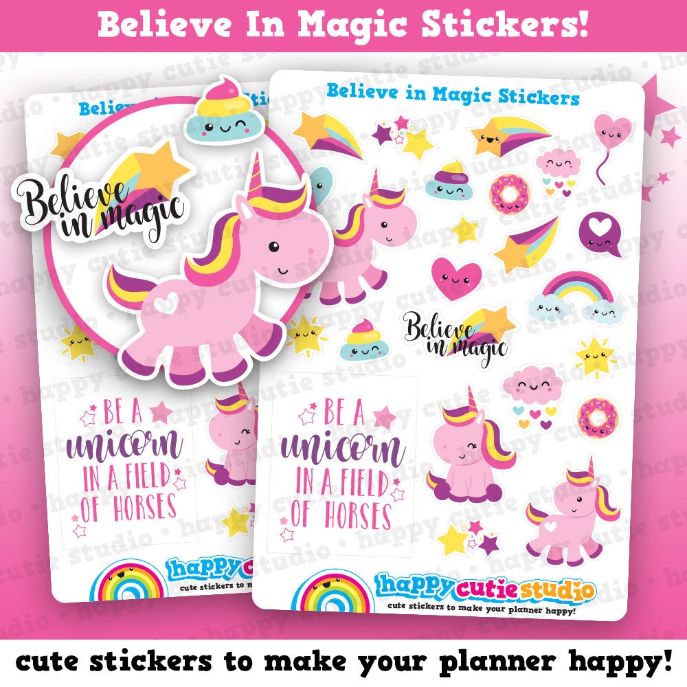 24 Cute Believe in Magic/Unicorn/Rainbow/Poop Planner Stickers