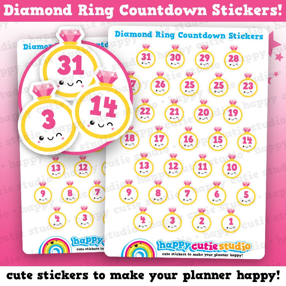 31 Cute Diamond Ring/Wedding Countdown/Date Cover Planner Stickers