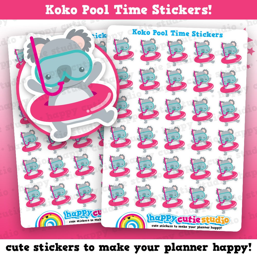 30 Cute Koko the Koala Pooltime/Holiday/Vacation/Break Planner Stickers