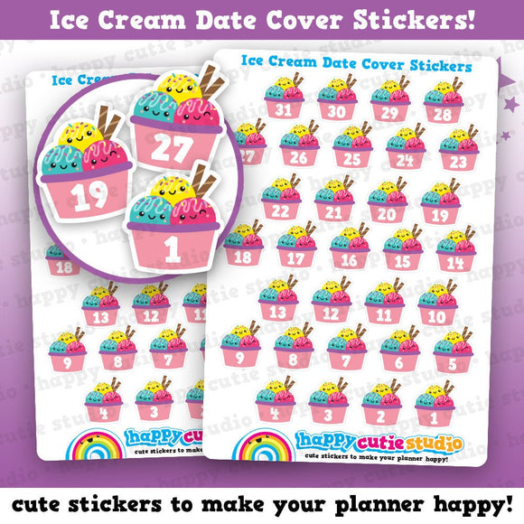 31 Cute Ice Cream/Summer/Date Cover Planner Stickers