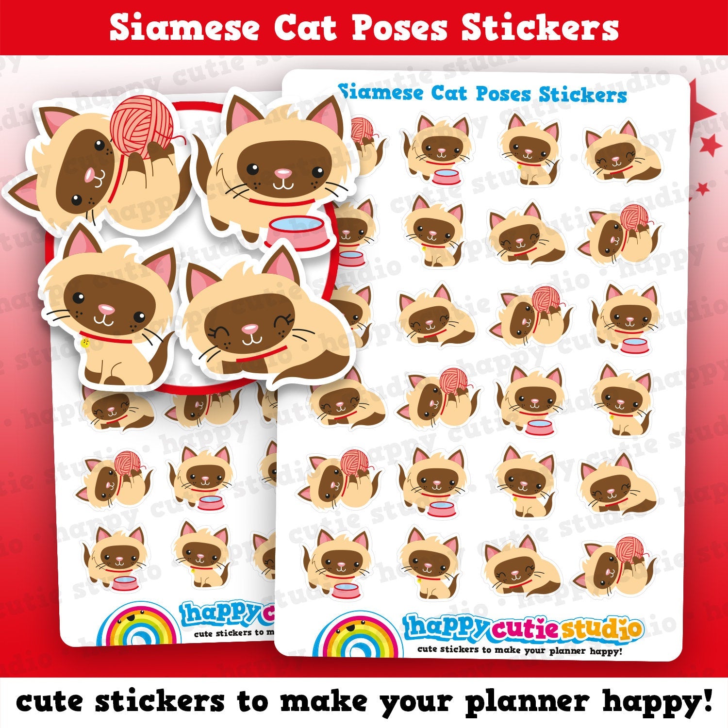 24 Cute Siamese Cat Poses/Kitty/Pet Planner Stickers