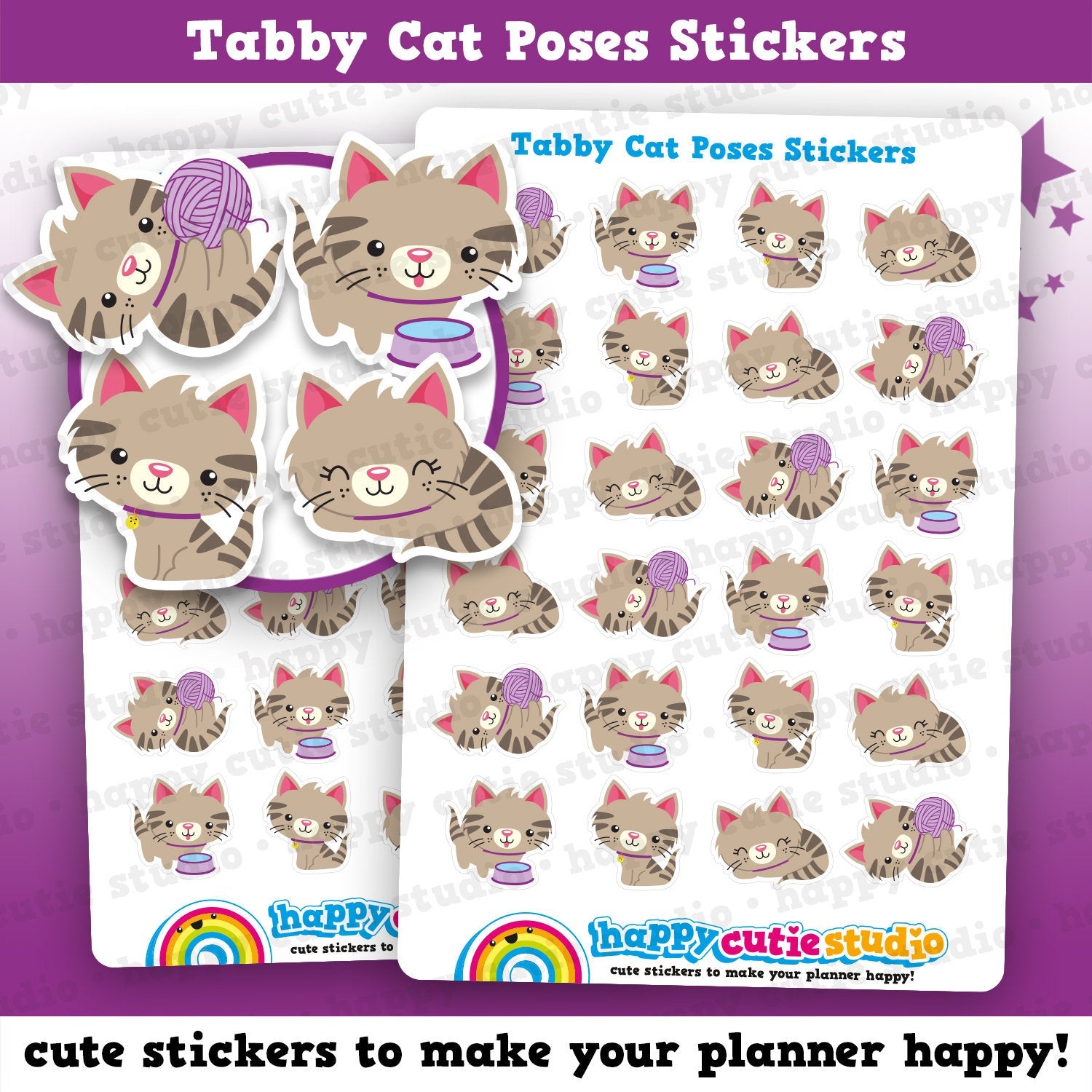 24 Cute Tabby Cat Poses/Kitty/Pet Planner Stickers