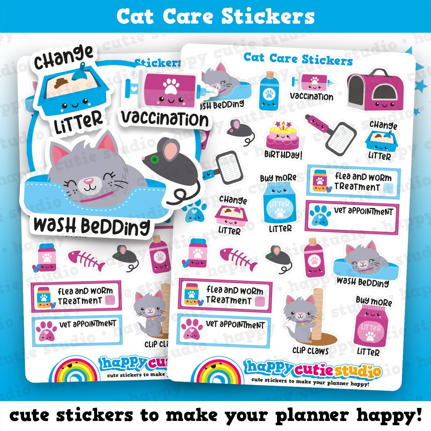 24 Cute Cat Care/Litter/Vet/Flea Planner Stickers