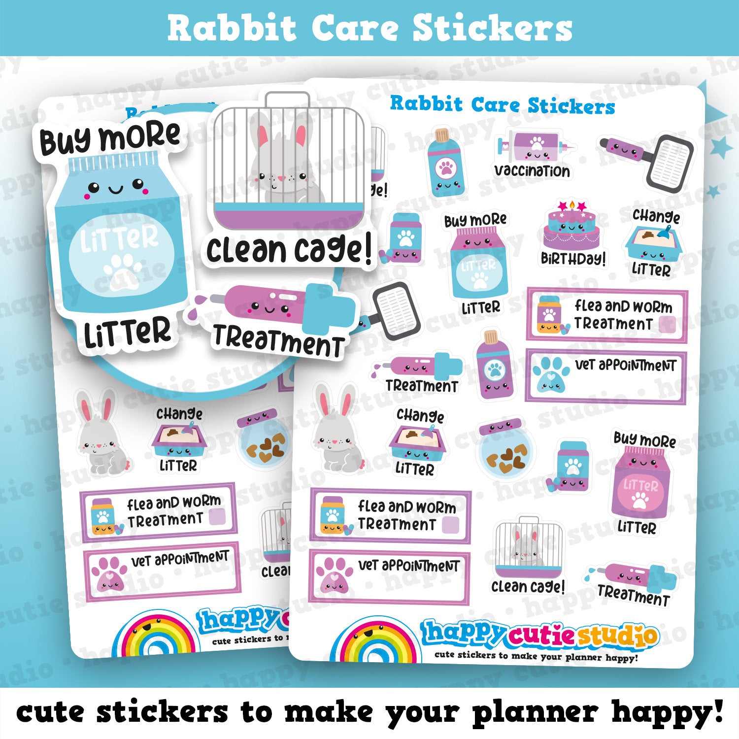 24 Cute Rabbit Care/Litter/Vet/Flea Planner Stickers