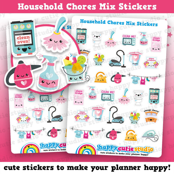 30 Cute Household Chores Mix Planner Stickers