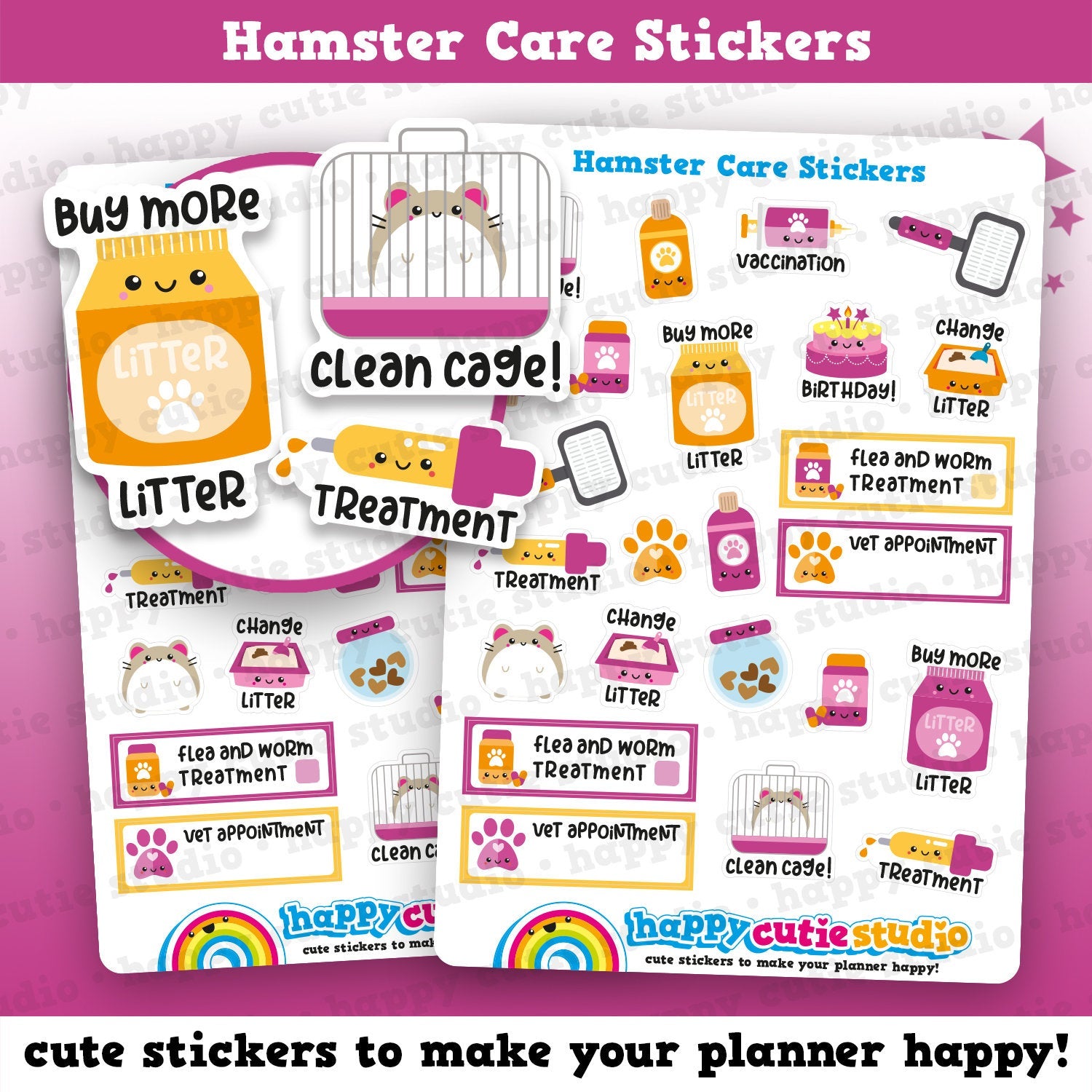 24 Cute Hamster/Gerbil Care/Litter/Vet/Flea Planner Stickers